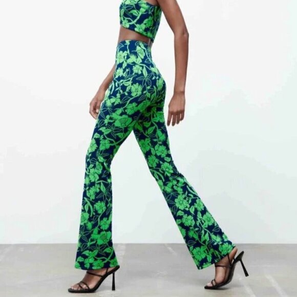 NWT Zara Jacquard Neon Floral Flare Pants - Picture 3 of 6